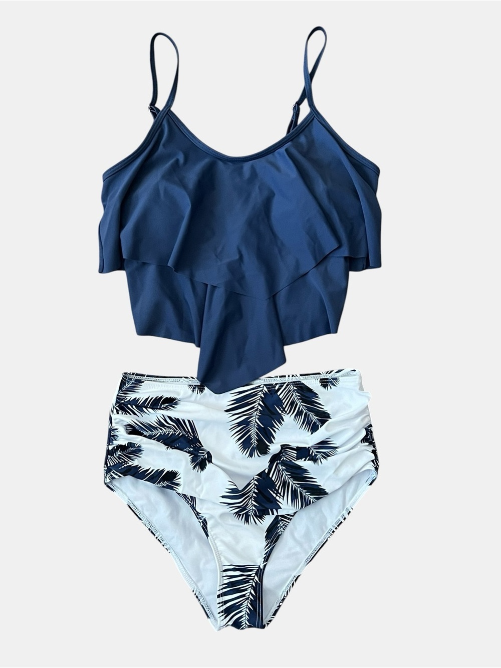Women's Navy Flounce Tankini Top with White Navy Palm High-Waist Bottoms - Picture 2 of 11